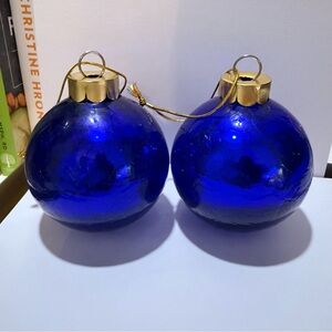 2 Heavy Glass Blue Crackle Kugel-Style Ball Ornament 8”D